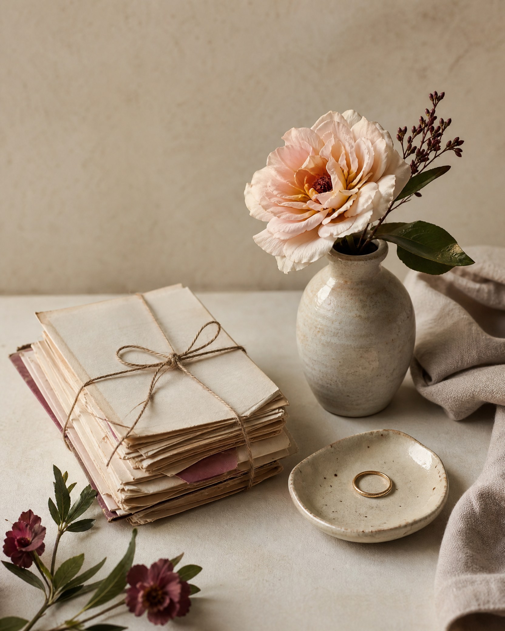 Love letters, a blush flower, and a small gold keepsake dish
