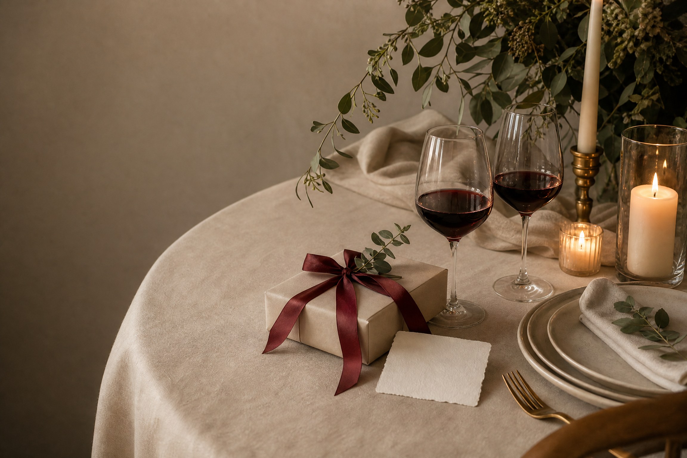 An intimate anniversary dinner setting with a card and wrapped gift